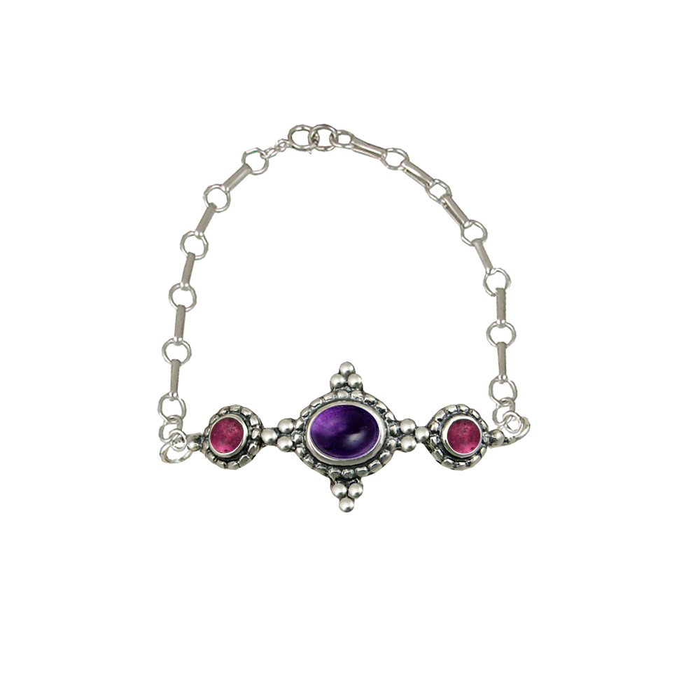 Sterling Silver Gemstone Adjustable Chain Bracelet With Amethyst And Pink Tourmaline